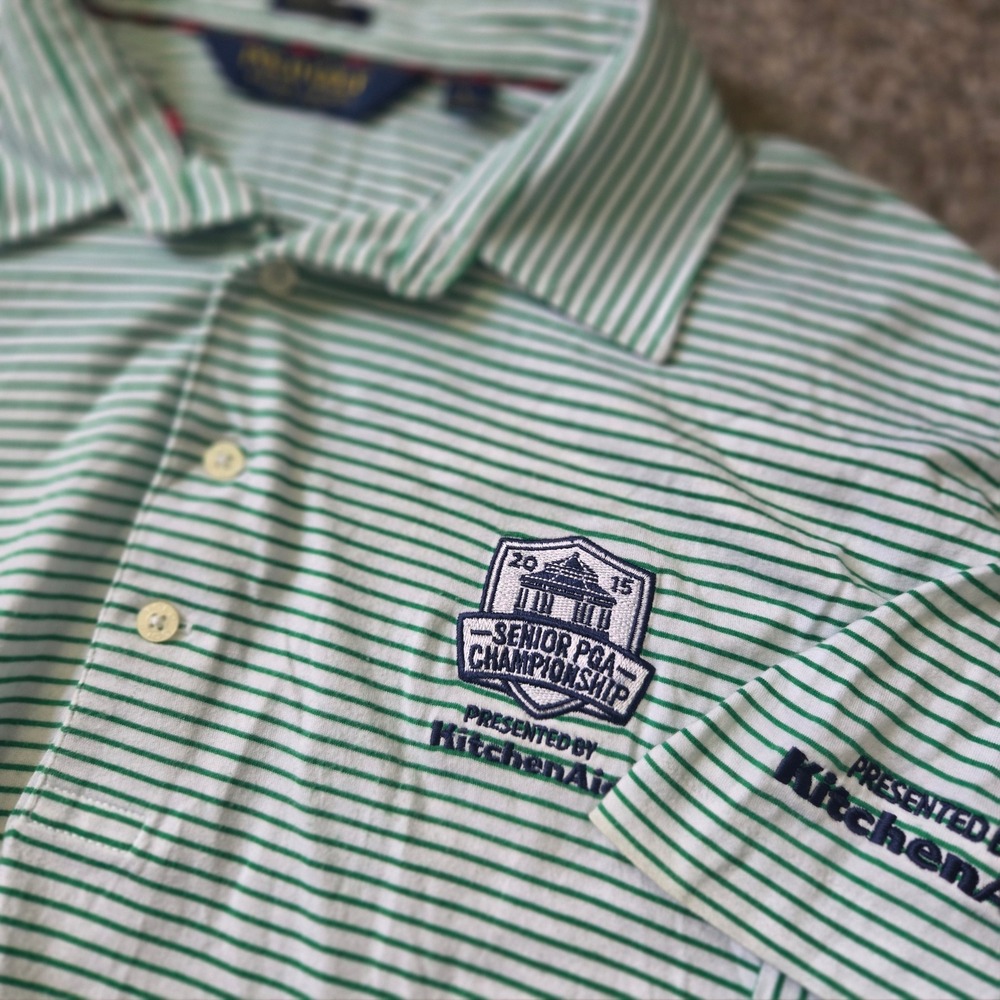 Polo Golf Ralph Lauren Mens Large Green White Striped 2015 Senior PGA Polo Shirt